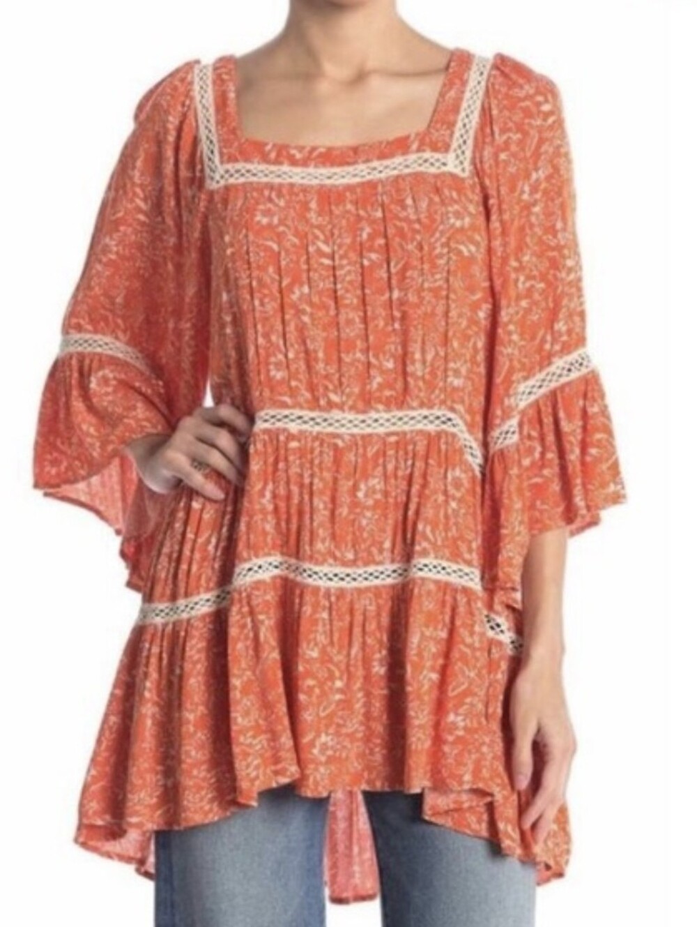 Free People Talk About It Square Neckline Tiered 3/4 Sleeve Tunic